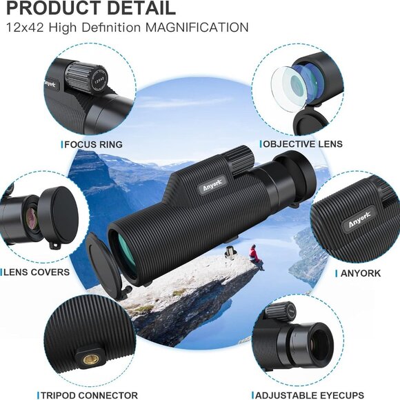 12X42 Monocular Telescope with Smartphone Holder Tripod High Power Prism Monocul - Picture 2 of 8